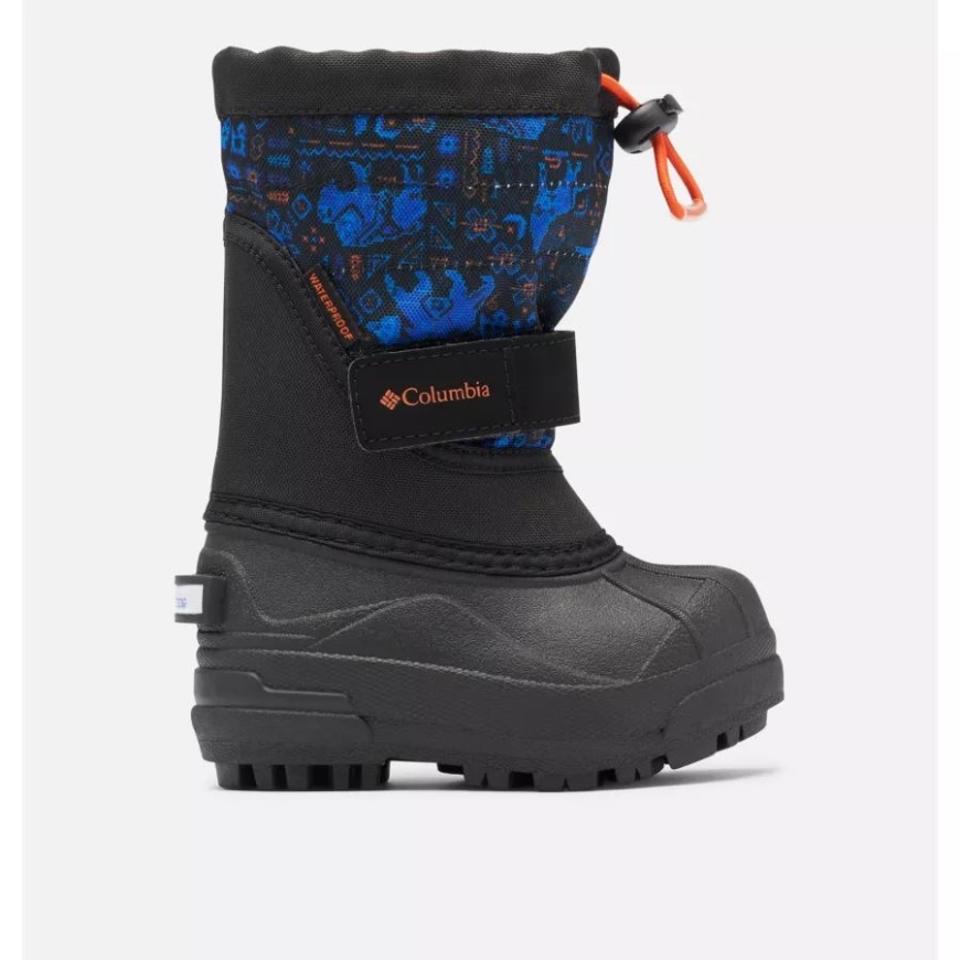 ブラック/タンジー オレンジ コロンビア トドラー パウダーバグ プラス II プリント スノーブーツ