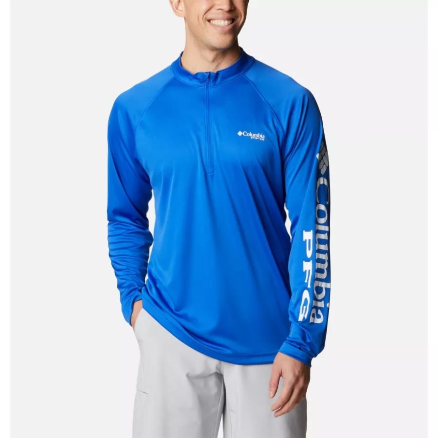 ブルー マコー/ホワイト ロゴ コロンビア メンズ Pfg ターミナル タックル 1/4 ジップ プルオーバー