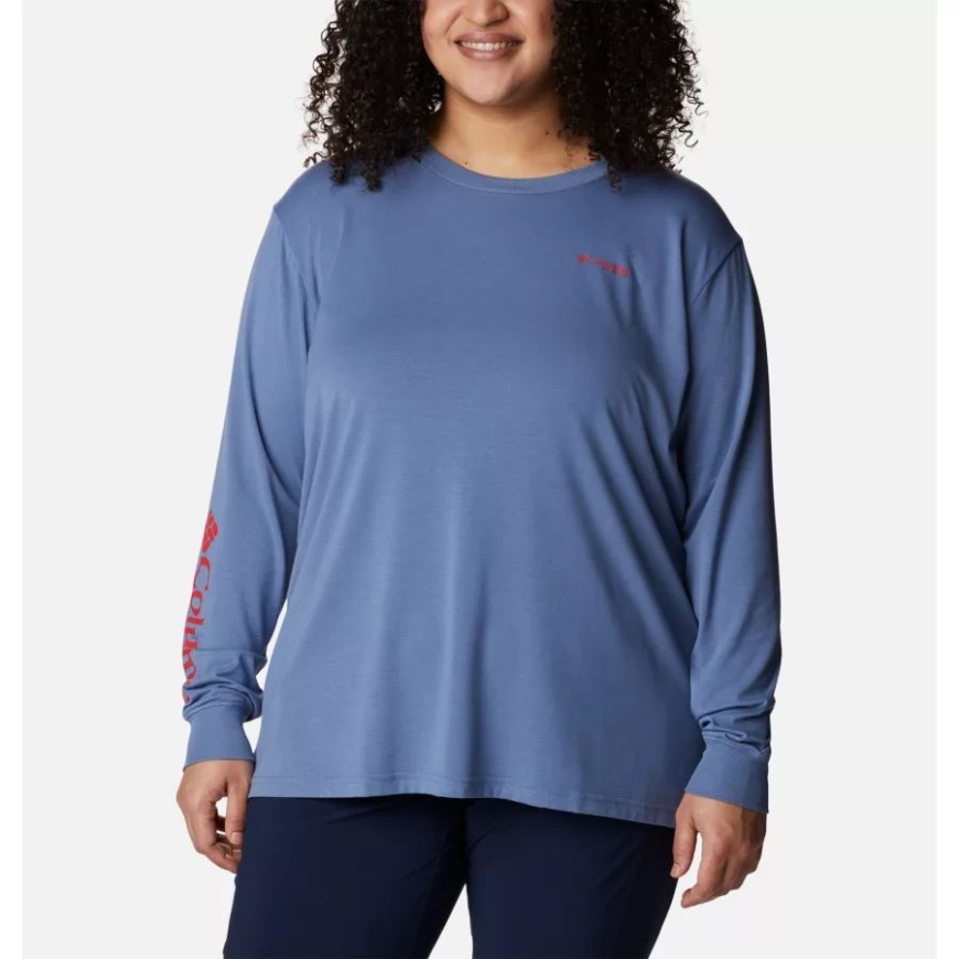 ブルーストーン/レッド スパーク グラディエント コロンビア レディース Pfg スラック ウォーター グラフィック ロングスリーブ シャツ プラスサイズ