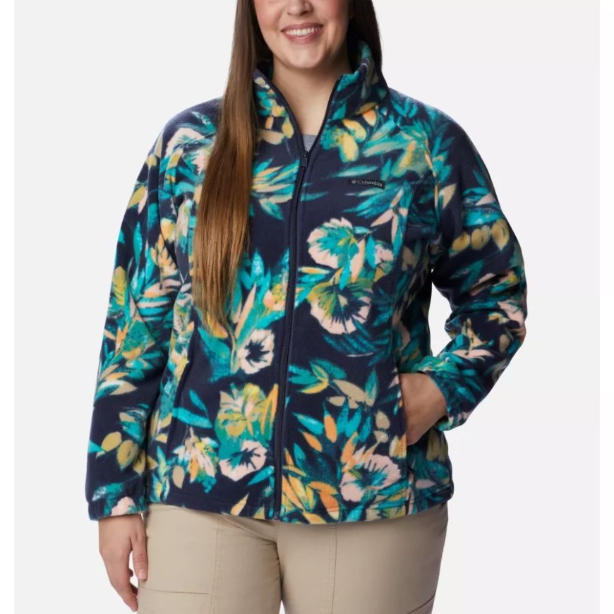 ブライト アクア/ウィスタリアン レディース ベントン スプリングス プリント フルジップ フリース ジャケット プラスサイズ コロンビア