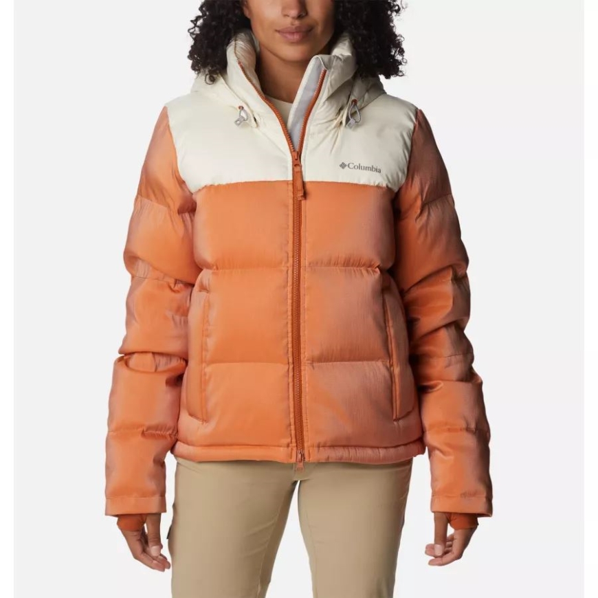 チョーク/暖かい銅の光沢の女性の Bulo ポイント断熱フード付きパファー ジャケット コロンビア