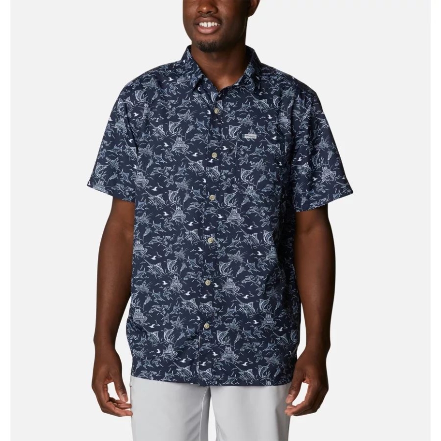 Coll ネイビー スモール マイティ マーリンズ プリント メンズ Pfg スーパー スラック タイド キャンプ シャツ コロンビア