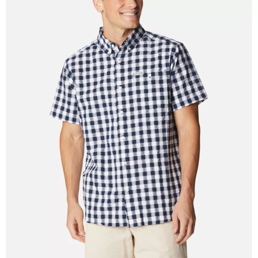 カレッジ ネイビー ギンガム メンズ ブレンティン トレイル II ショート スリーブ シャツ コロンビア