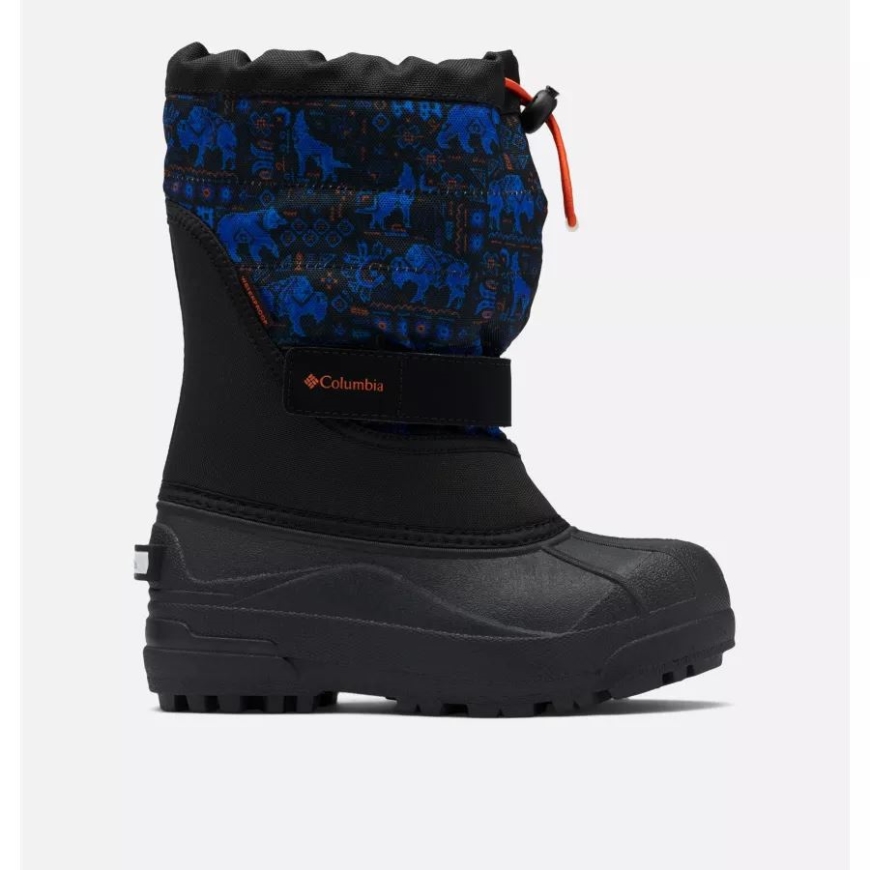 コロンビア ブラック/タンジー オレンジ ビッグ キッズ パウダーバグ プラス II プリント スノーブーツ
