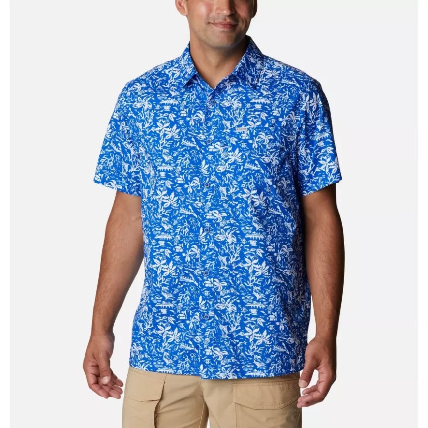 コロンビア ブルー コンゴウインコ コナ プリント メンズ Pfg スーパー スラック タイド キャンプ シャツ