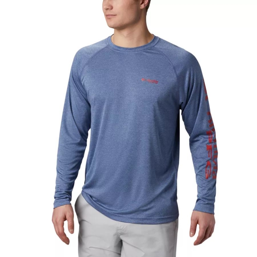 コロンビア カーボン ヘザー/レッド スパーク ロゴ メンズ Pfg ターミナル タックル ヘザー ロング スリーブ シャツ