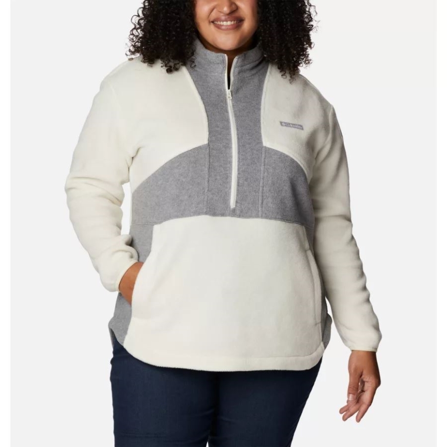 コロンビア チョーク/ライト グレー ヘザー レディース ベントン スプリング カラーブロック ハーフ ジップ フリース プルオーバー プラス サイズ
