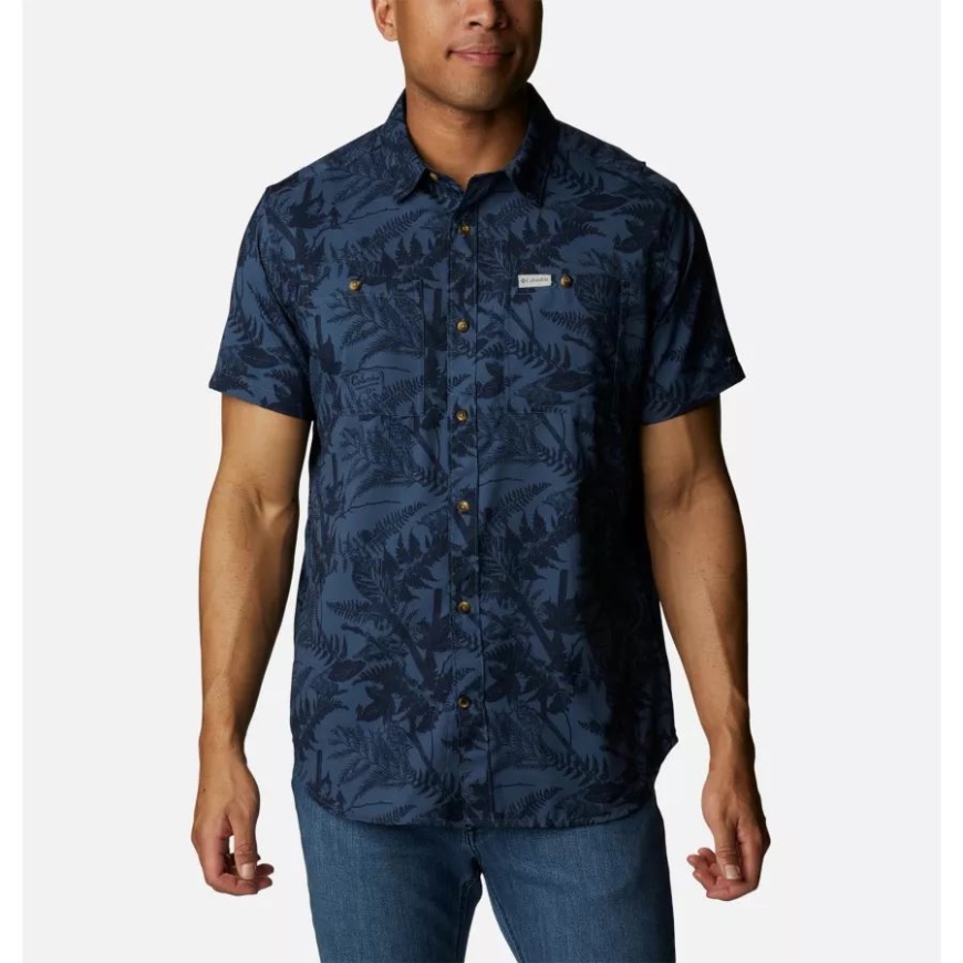 コロンビア カレッジエイト ネイビー ノース ウッズ プリント メンズ ユーバー プリント ウーブン ショート スリーブ シャツ