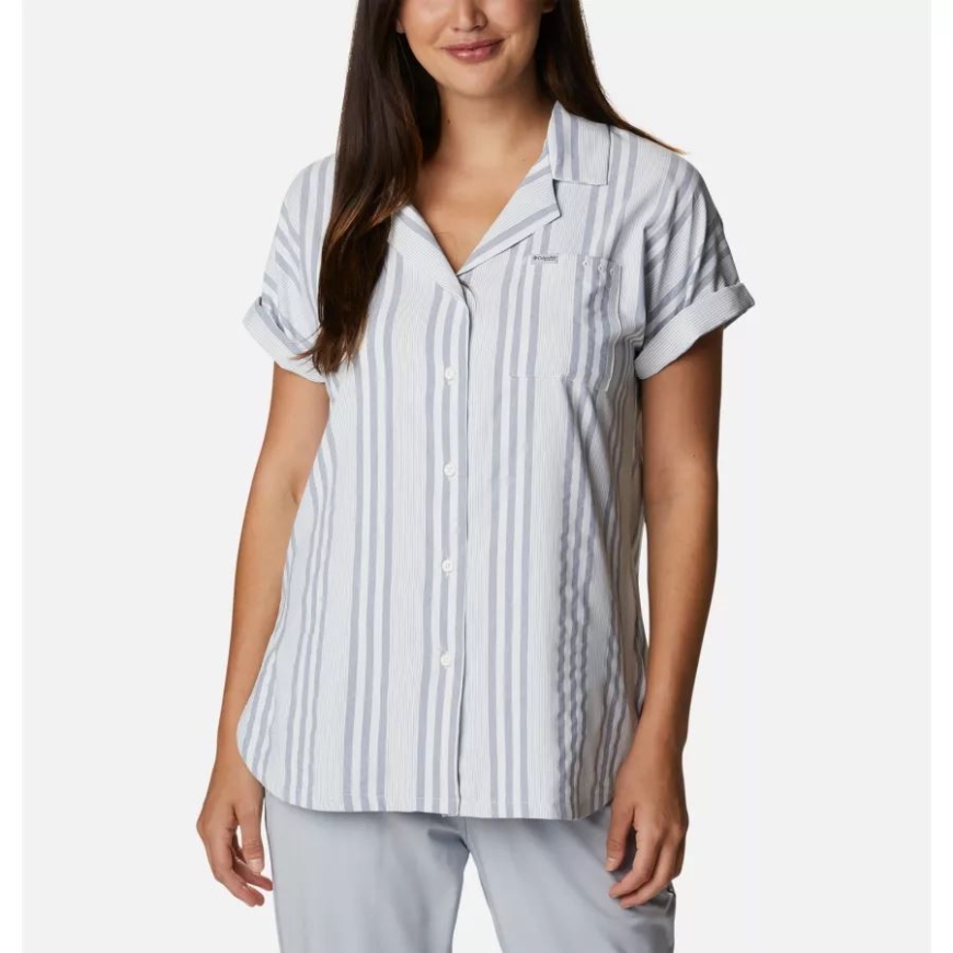 コロンビア カレッジエイト ネイビー ストライプ レディース サン ドリフター ウーブン ショート スリーブ シャツ