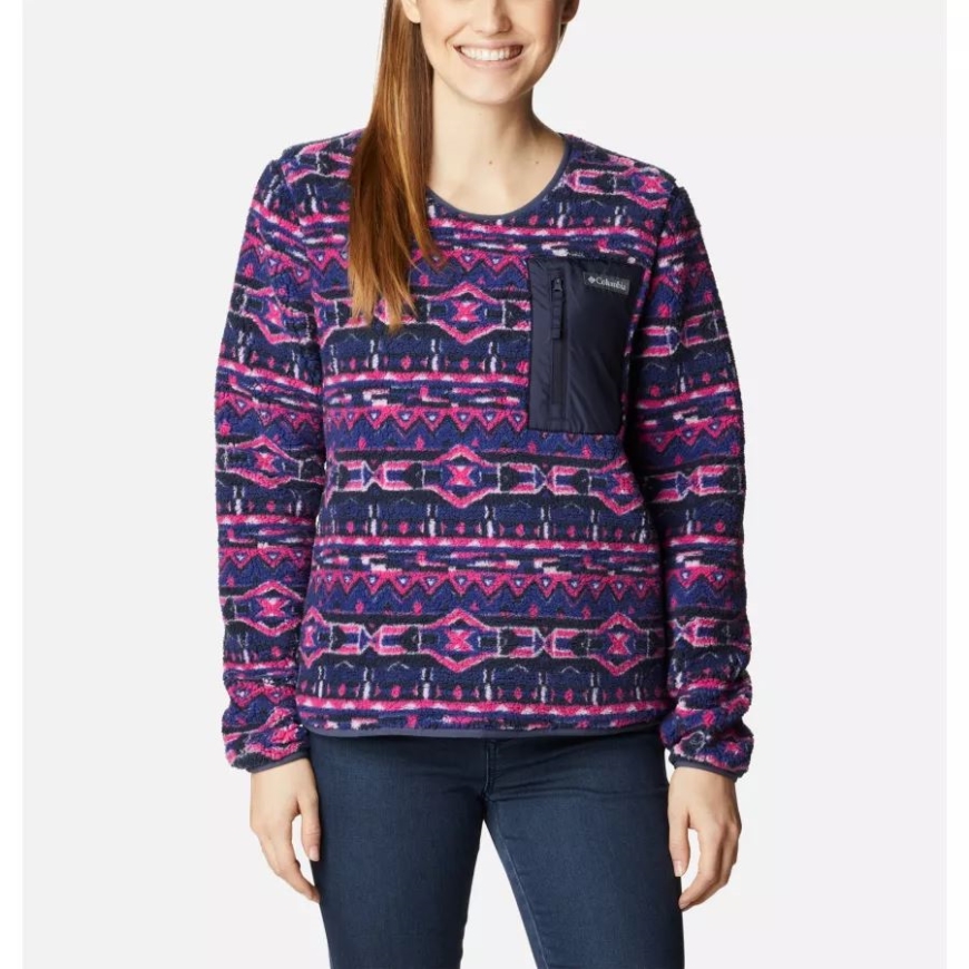 コロンビア ダークサファイア 80s ストライプ プリント レディース ウェストベンド シェルパ クルーネック プルオーバー