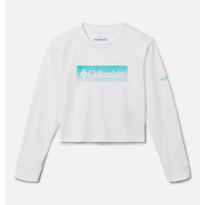 コロンビア ガールズ ミッション レイク ボクシー ロング スリーブ シャツ ホワイト/フレーム ハーフトーン ロゴ グラフィック