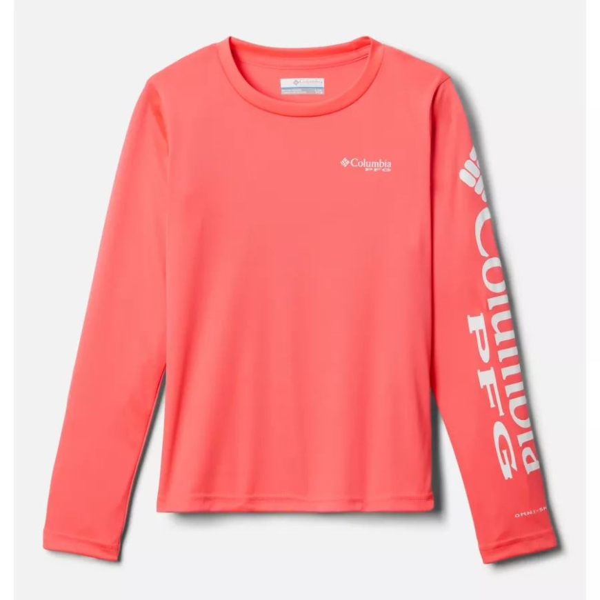 コロンビア ガールズ Pfg タイダル ロングスリーブ Tシャツ ネオン サンライズ/ホワイト ロゴ