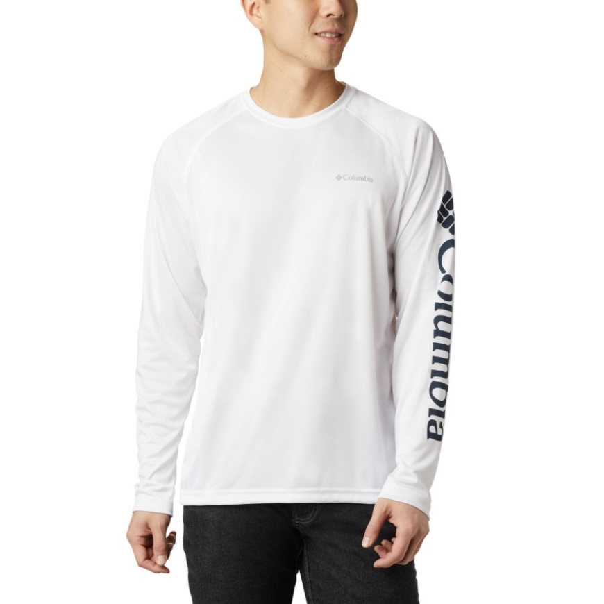 コロンビア メンズ フォーク ストリーム ロング スリーブ シャツ トール ホワイト/カレッジネイビー ロゴ