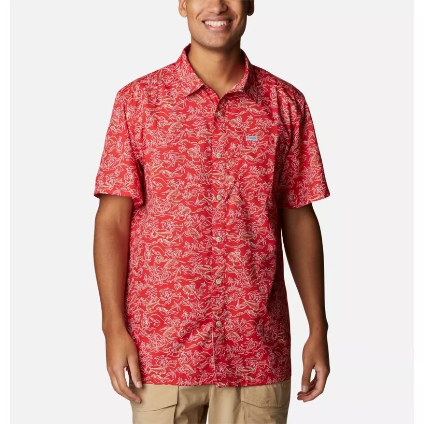 コロンビア メンズ Pfg スーパー スラック タイド キャンプ シャツ レッド スパーク メリー マヒ プリント