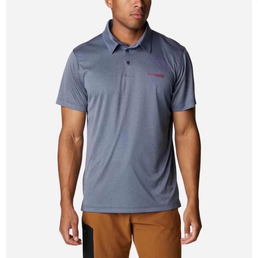 コロンビア メンズ Pfg ターミナル タックル ヘザー ポロ カーボン ヘザー/レッド スパーク ロゴ