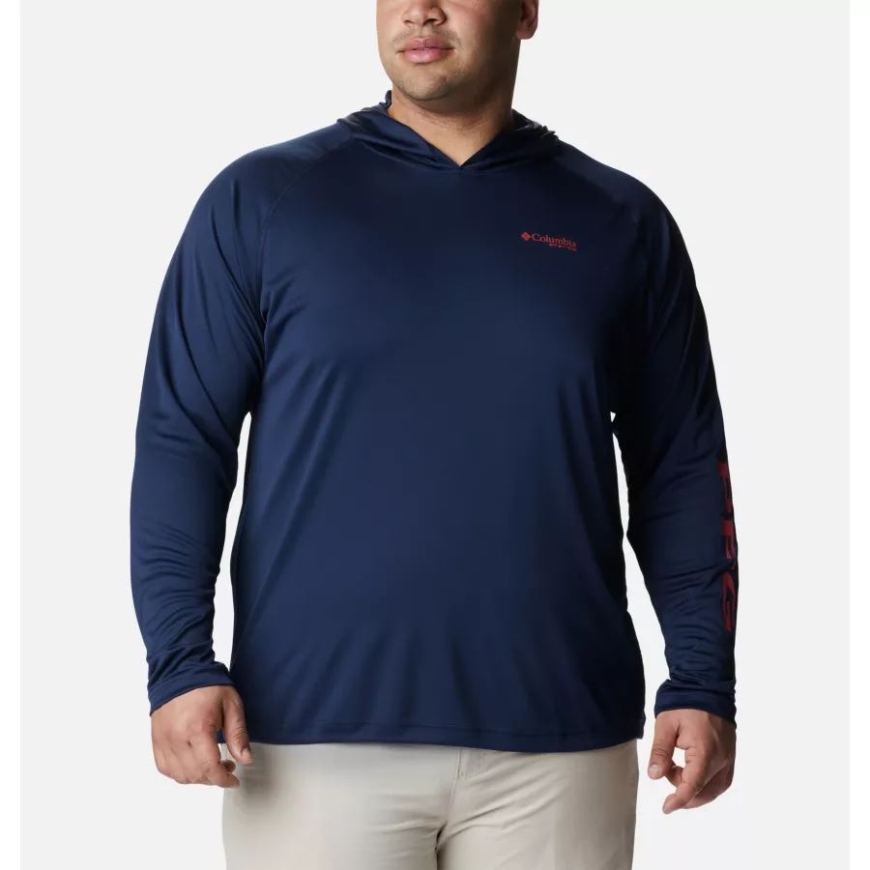 コロンビア メンズ PFG ターミナル タックル パーカー ビッグコル ネイビー/サンセット レッド ロゴ