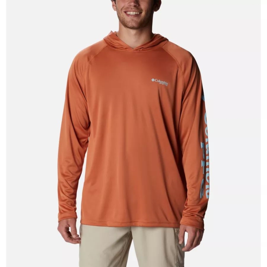 コロンビア メンズ Pfg ターミナル タックル パーカー アイランド オレンジ/スプリング ブルー ロゴ