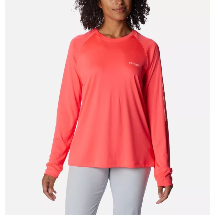 コロンビア ネオン サンライズ/ティキ ピンク ロゴ レディース Pfg タイダル ティー Ii 長袖シャツ