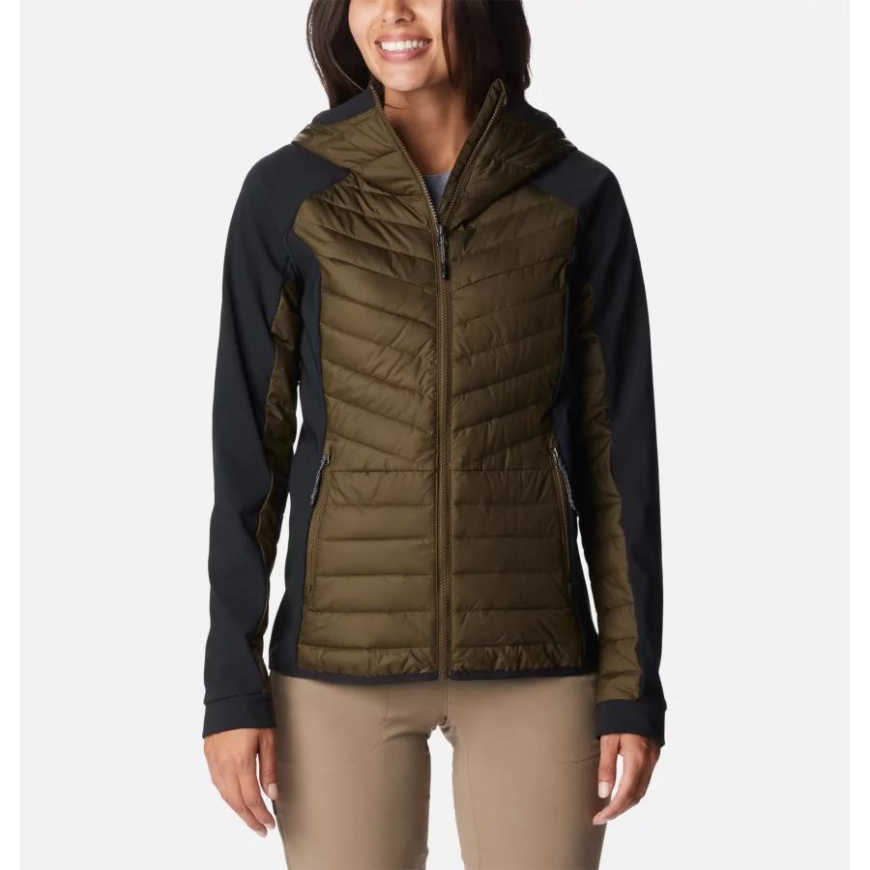 コロンビア オリーブ グリーン/ブラック レディース パウダー ライト ハイブリッド フード付きジャケット