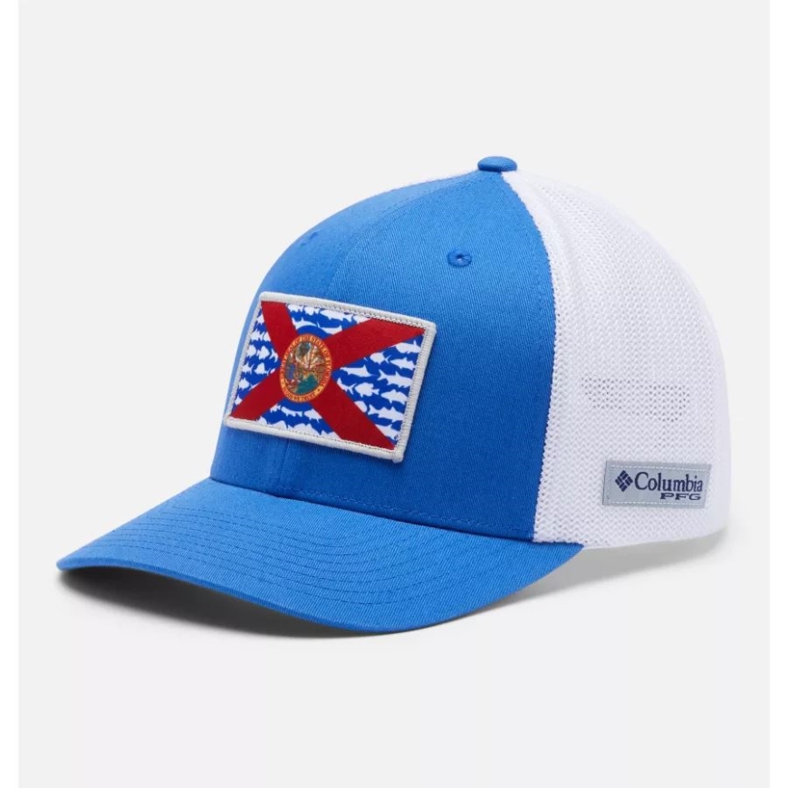 コロンビア PFG フィッシュ フラッグ メッシュ ボール キャップ ハイ クラウン ビビッド ブルー/ホワイト/フロリダ フィッシュ フラッグ