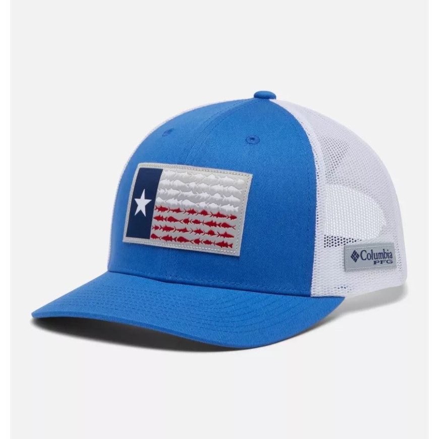 コロンビア PFG フィッシュフラッグ メッシュ スナップバック ハイクラウン ビビッドブルー/テキサスフラッグ
