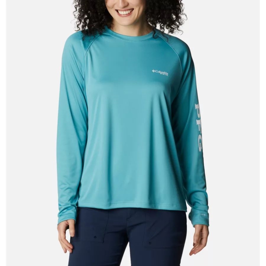 コロンビア シー ウェーブ/ホワイト ロゴ レディース Pfg タイダル ティー Ii ロング スリーブ シャツ