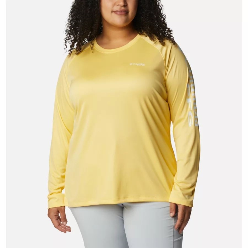 コロンビア スイート コーン/ホワイト ロゴ レディース Pfg タイダル ティー Ii 長袖プラス サイズ