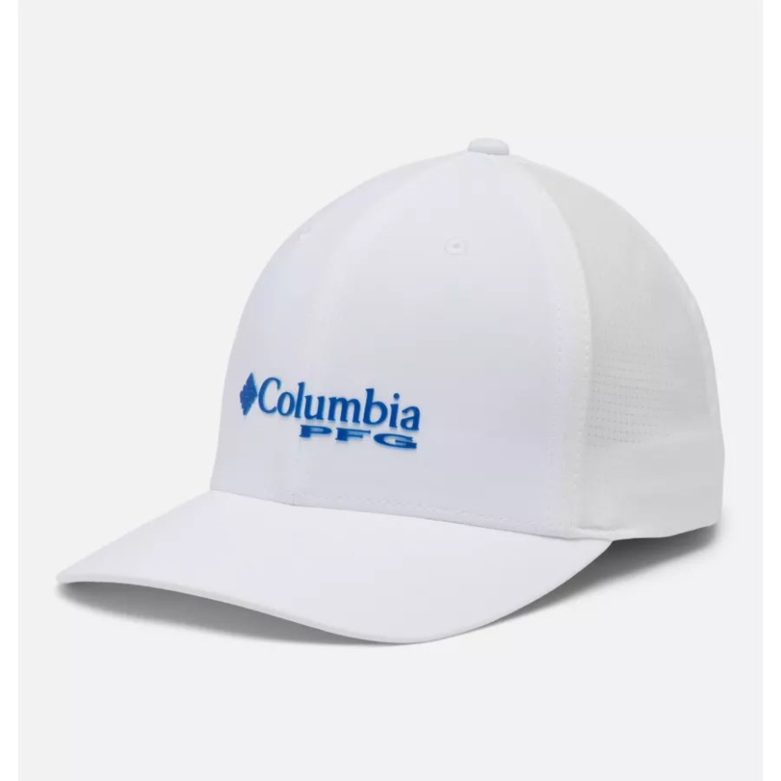 コロンビア ホワイト/ブルー マコー Pfg ロゴ シグネチャー 110 ハイ クラウン