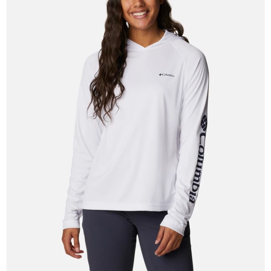 コロンビア ホワイト/ダーク ノクターナル ロゴ レディース フォーク ストリーム ロングスリーブ パーカー