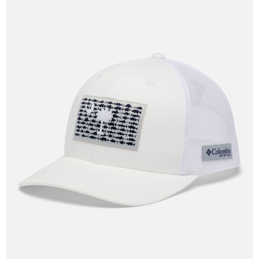 コロンビア ホワイト/サウスカロライナ フラグ Pfg フィッシュ フラグ メッシュ スナップバック ハイ クラウン