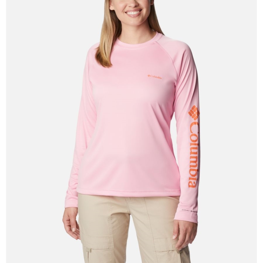 コロンビア ワイルド ローズ/サンセット オレンジ ロゴ レディース フォーク ストリーム ロング スリーブ シャツ