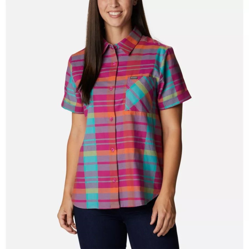 コロンビア レディース いつでもカジュアル ストレッチ ショートスリーブ シャツ ワイルド フクシア マドラス