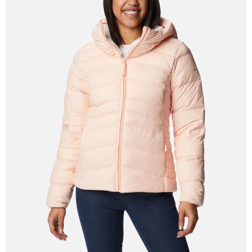 コロンビアの女性の秋の公園ダウン フード付きジャケット ピーチ ブロッサム