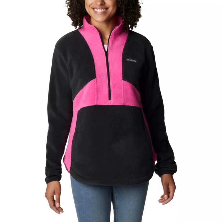 ピンクのカラーブロックでタフなコロンビアの女性用テスト済みハーフジップフリースプルオーバーブラック/ピンクアイス