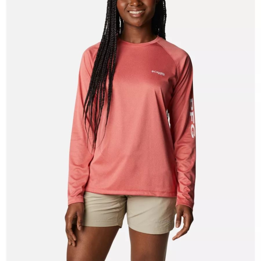 コロンビア レディース タイダル ティー Pfg ヘザー ロングスリーブ レッド スパーク ヘザー/ホワイト ロゴ