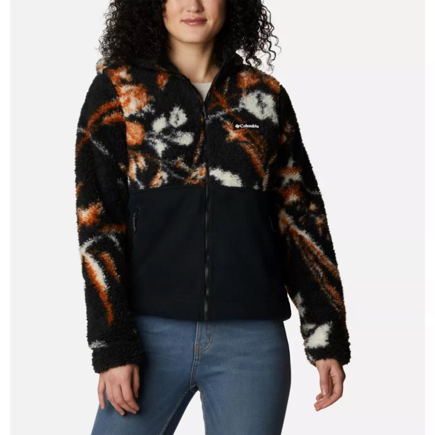 コロンビア レディース ウィンター パス シェルパ フード付きフルジップ フリース ジャケット ブラック フォールグラス プリント/ブラック