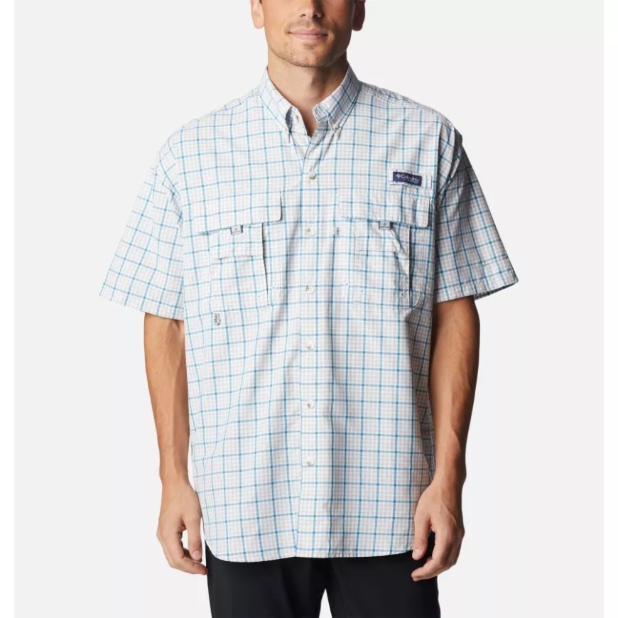 クールなグレー ギンガム グリッド コロンビア メンズ Pfg スーパー バハマ半袖シャツ