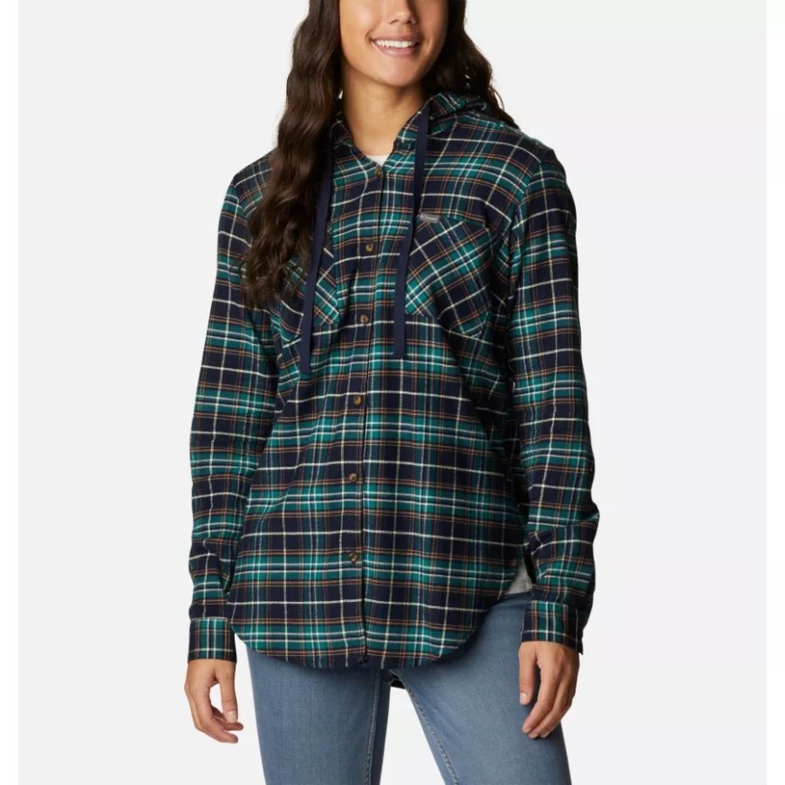 ダーク ノクターナル マルチ タータン コロンビア レディース いつでもストレッチ フード付き長袖シャツ