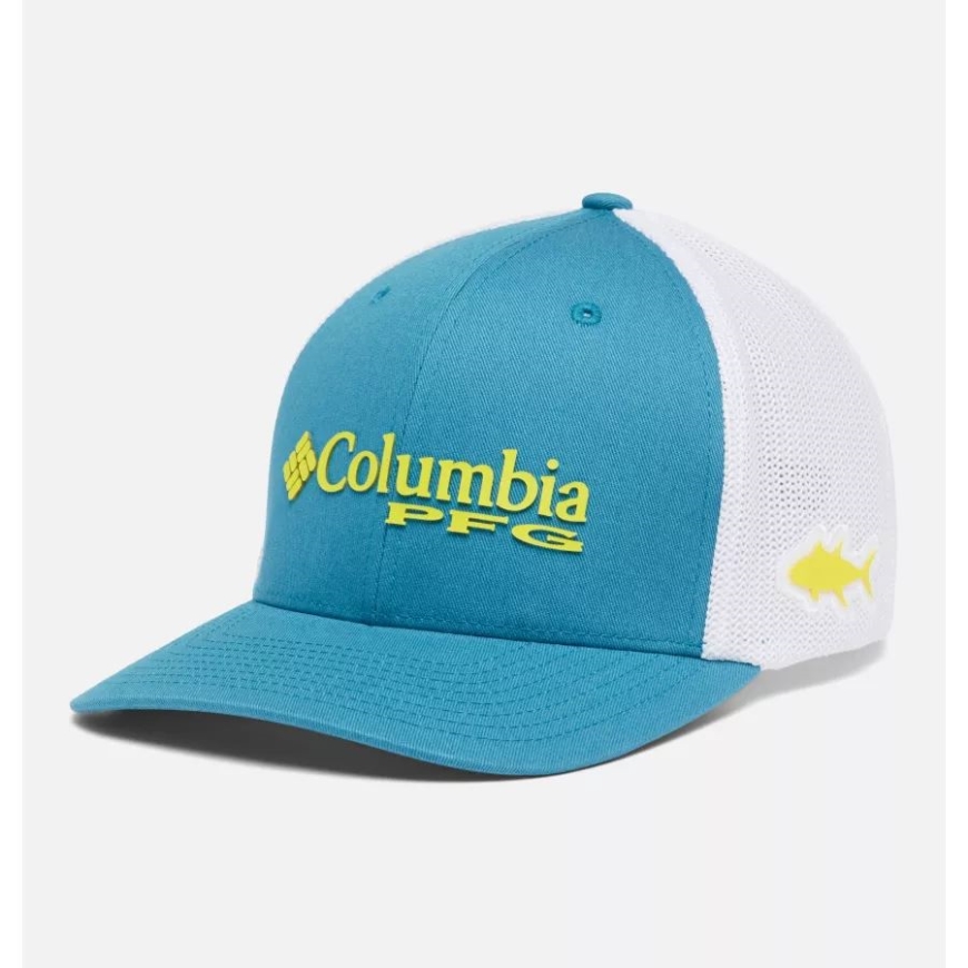 ディープマリン/レーザーレモンコロンビア Pfgロゴメッシュボールキャップ ハイクラウン