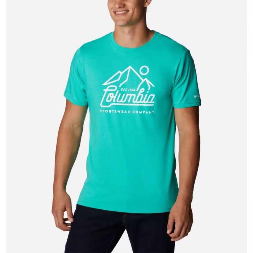 エレクトリック ターコイズ/風光明媚なロゴ メンズ Csc グラフィック カジュアル オーガニック コットン Tシャツ コロンビア