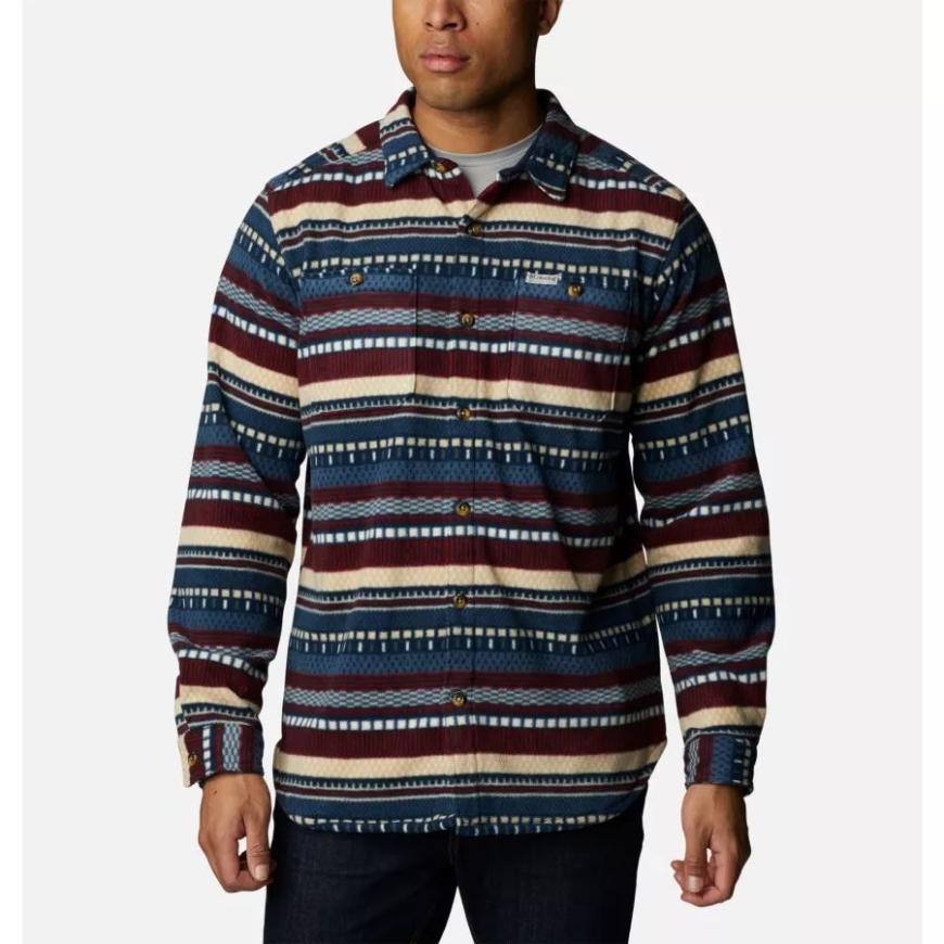 メンズ フレア ガン フリース オーバー シャツ ダーク マウンテン アフター ストライプ プリント コロンビア