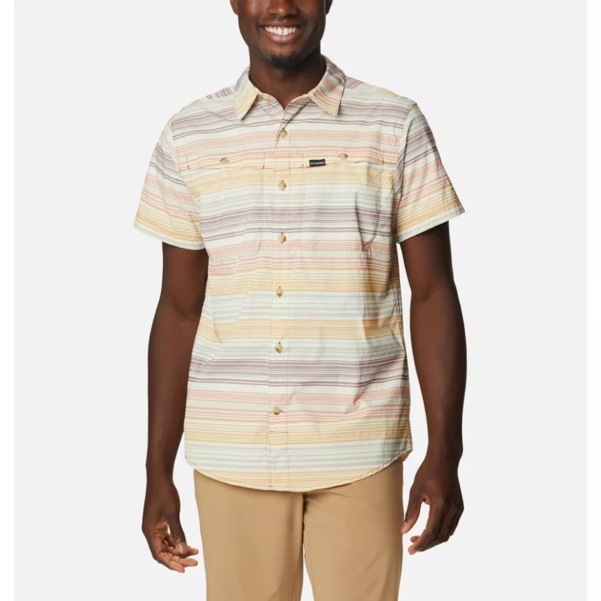 メンズニュートンリッジチェック柄半袖シャツコロンビアライトレーズンストライプサンセット