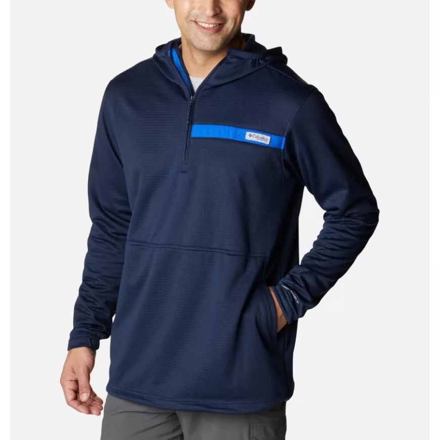 メンズ Pfg スキフ ガイド フード付き ハーフ ジップ フリース プルオーバー コロンビア カレッジ ネイビー/ブルー コンゴウインコ