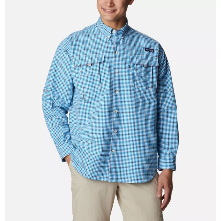 メンズ Pfg スーパーバハマ 長袖シャツ コロンビア コンパス ブルー ギンガムグリッド