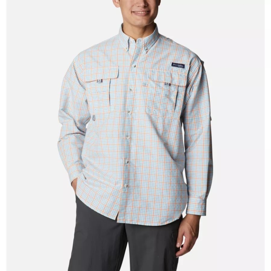 メンズ Pfg スーパーバハマ 長袖シャツ スプリングブルー ギンガムグリッド コロンビア