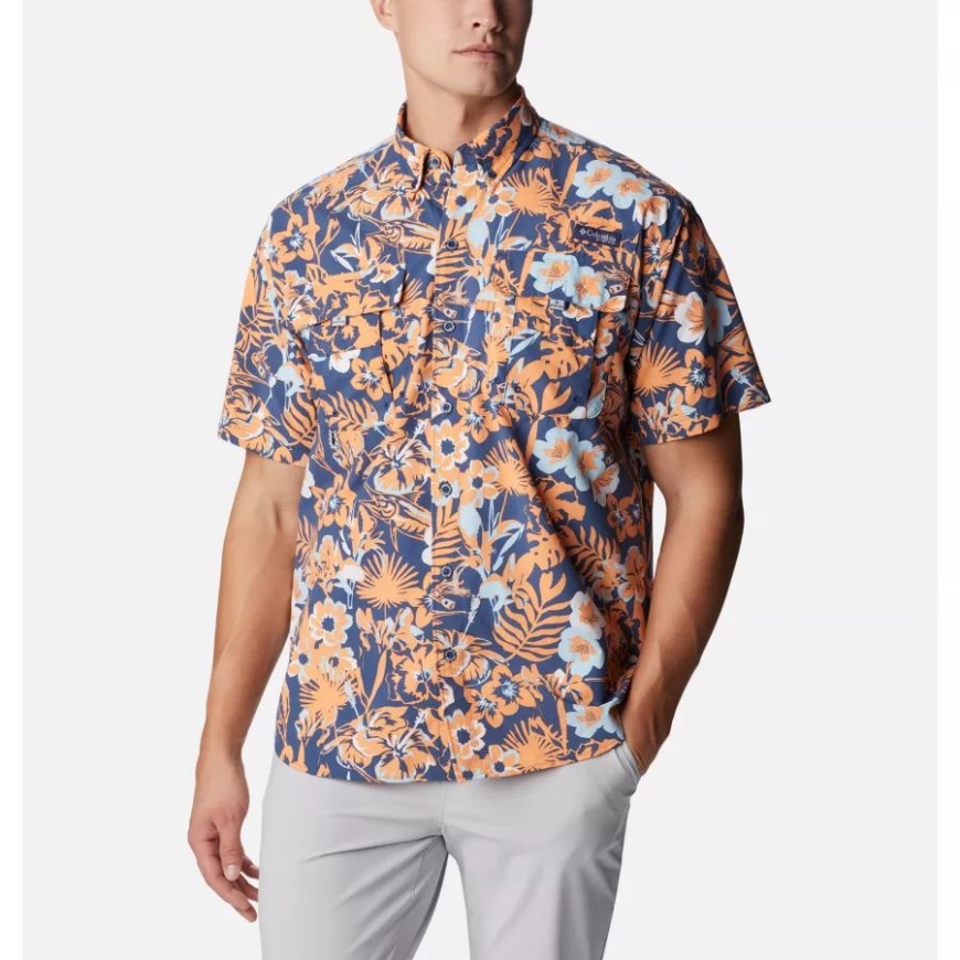 メンズ Pfg スーパーバハマ 半袖シャツ コロンビア カーボン マーリン トロピック プリント