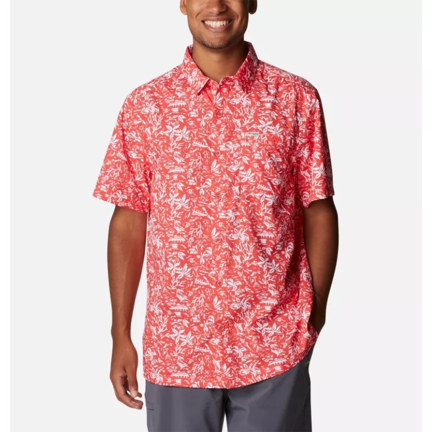 メンズ Pfg スーパー スラック タイド キャンプ シャツ レッド ハイビスカス コナ プリント コロンビア