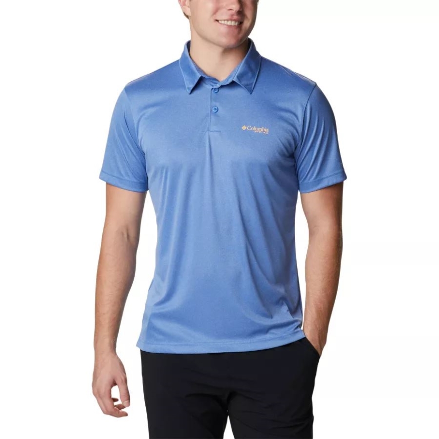 メンズ Pfg ターミナル タックル ヘザー ポロ コロンビア ビビッド ブルー ヘザー/ブライト ネクター ロゴ