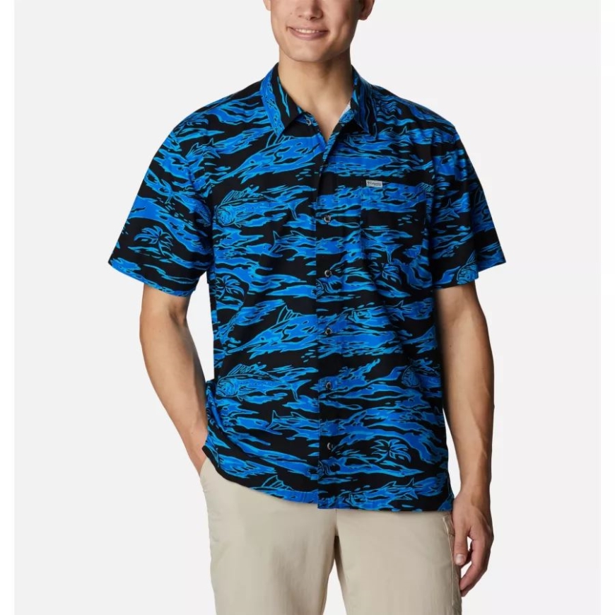 メンズ Pfg トローラーズ ベスト 半袖シャツ ブラック ラフウェーブ プリント コロンビア