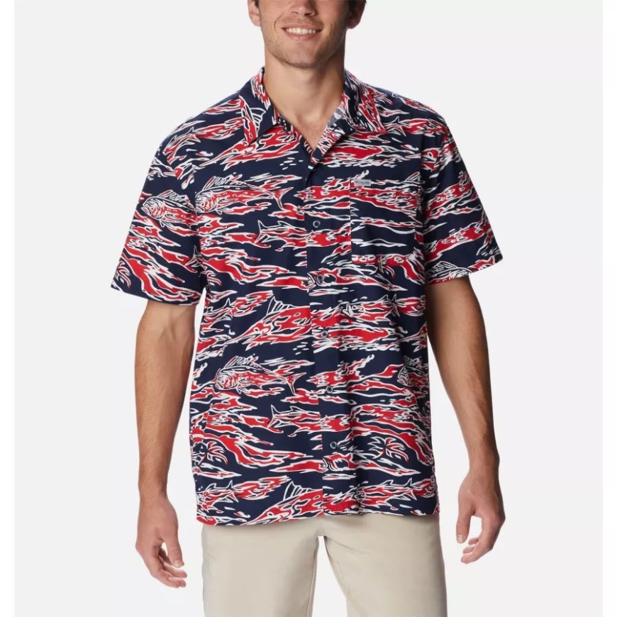 メンズ Pfg トローラーズ ベスト 半袖シャツ コロンビア レッド スパーク ラフ ウェーブ プリント